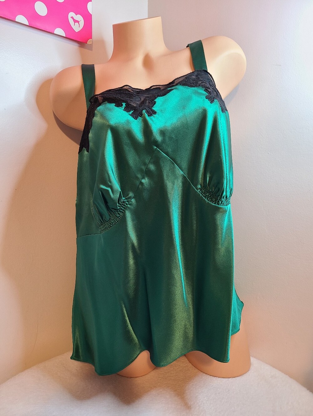 VTG Lane Bryant Emerald Green Satin & Black Lace Camisole Plus Size 20 (2X)